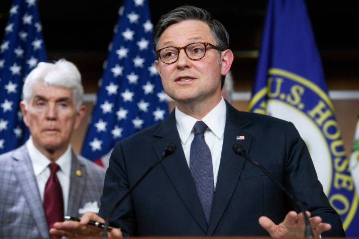 Speaker of the House Mike Johnson, R-La., speaks during a news conference at the Capitol, May 6 ...