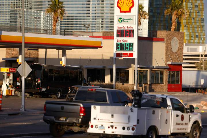 Gas prices are posted as motorist drive past a Shell gas station on Tropicana Avenue, on Wednes ...