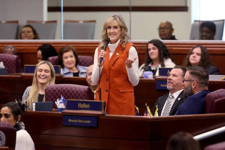Assembly member Melissa Hardy, R-Henderson, introduces guests on the Assembly floor in the Legi ...