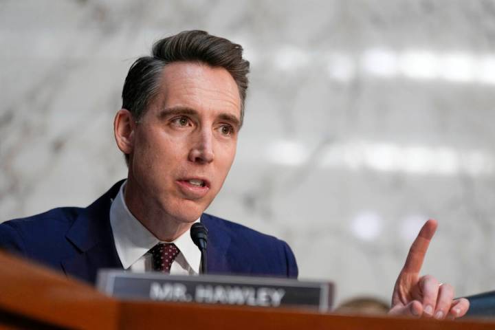 Sen. Josh Hawley, R-Mo., speaks during a confirmation hearing at the Capitol in Washington, Jan ...