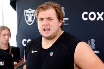 Raiders guard Jackson Powers-Johnson (58) addresses the media after organized team activities a ...