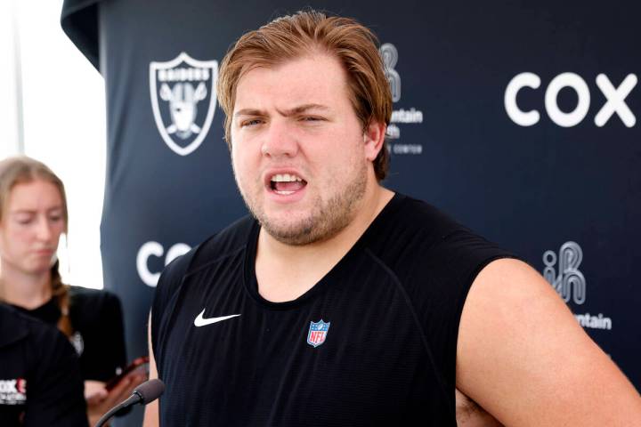 Raiders guard Jackson Powers-Johnson (58) addresses the media after organized team activities a ...