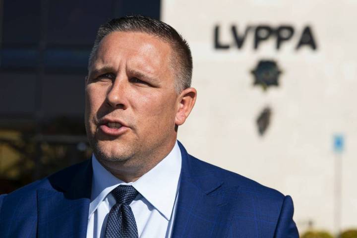 Steve Grammas, president of Las Vegas Police Protective Association, speaks outside the LVPPA h ...