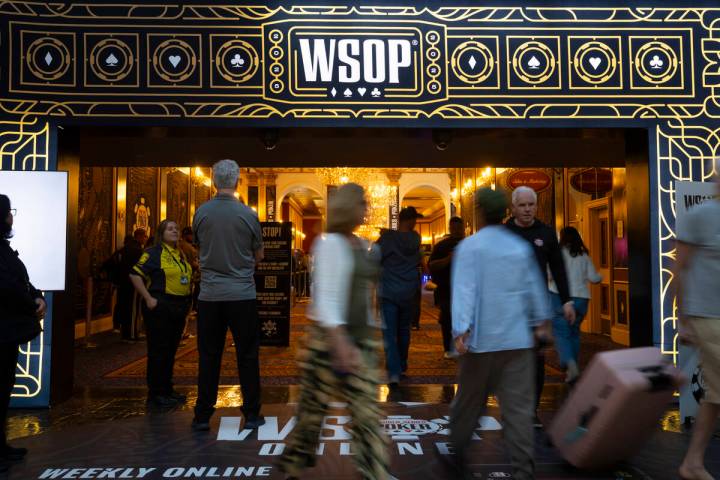 People come and go during the first day of the World Series of Poker on Tuesday, May 27, 2025, ...