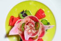 Yellowtail crudo, with avocado, radish, cucumber, lime and jalapeño lime vinaigrette at Edge S ...
